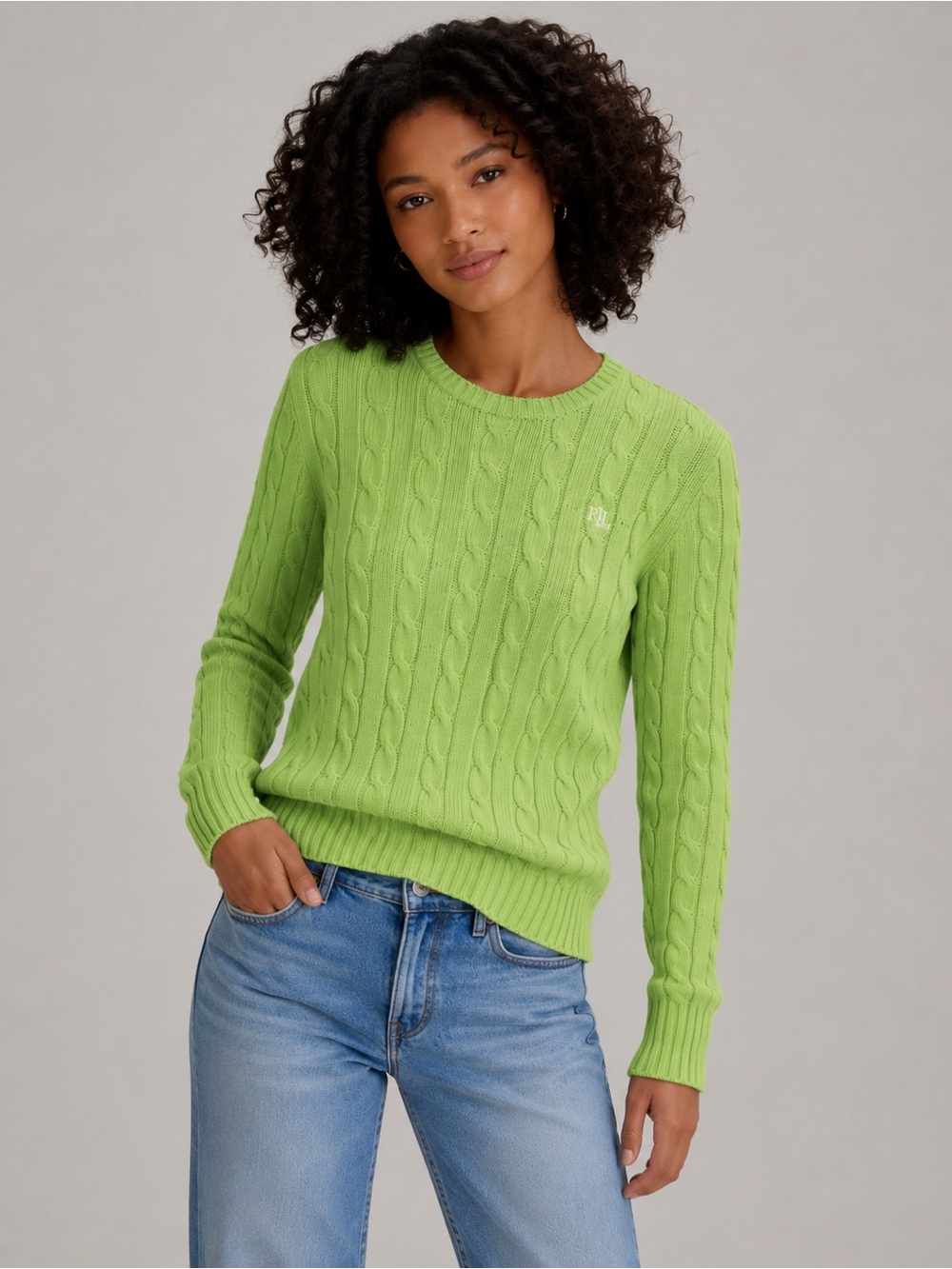 Lauren Ralph Lauren Cable Knit Sweater Lime Green Crewneck Cotton Women Size 1X